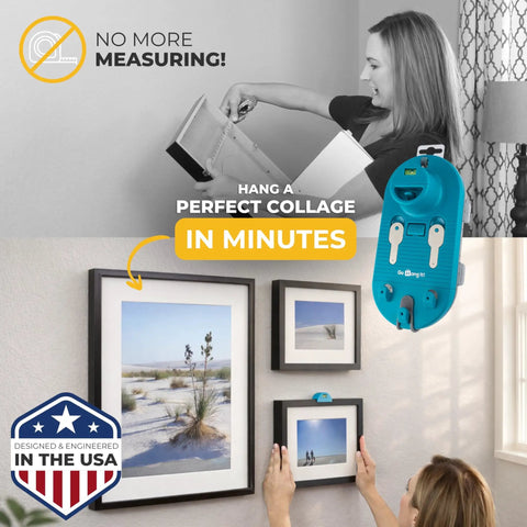 Woman using All In One Picture Hanging Kit With Level Tool And Sawtooth And Wire Hangers, Wall Mount Kit in durable hardware case