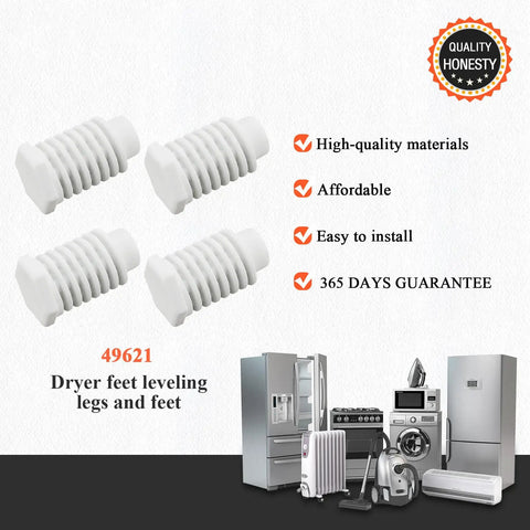 49621 PS1609293 Dryer Leveling Feet Pack Of 4 Replacement Kit For Whirlpool Dryers, image showing dryer leveling feet with appliances.