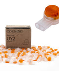 Front view of Corning Presslok UY2 wire splice connectors box; translucent housings with orange caps (100-count).