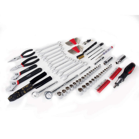 95 Piece Mechanic Tool Set With SAE And Metric Sockets, Wrenches, Pliers And Case displayed on white surface