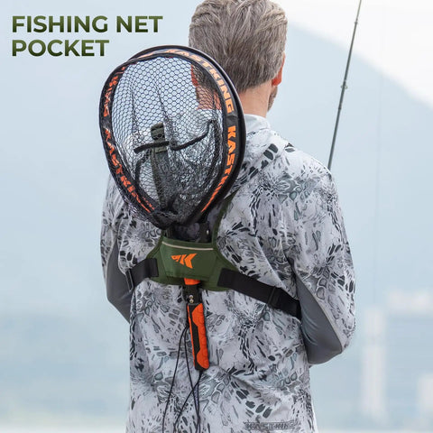 Angler with Bait Boss Water-Resistant Fishing Chest Pack with EVA zip-down workstation and fishing net pocket.