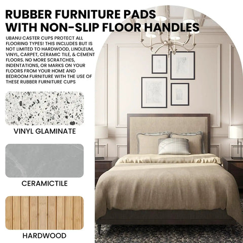 Bedroom with bed using 3x3 Square Rubber Furniture Wheel Cups With Anti Slip Grip for scratch resistant floor protection