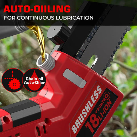 Close-up of auto oiling system on 2 In 1 Brushless Cordless Mini Chainsaw With Auto Oil 8 Inch And 6 Inch Cutting Battery Powered Pruning Saw