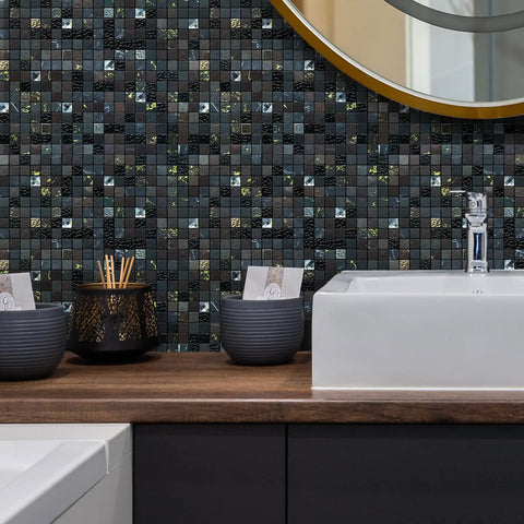 Bathroom backsplash with Peel And Stick Backsplash Tiles For Kitchen, Bath, And Fireplace With Plaid Glass In Starry Sky Black, 5 Sheets