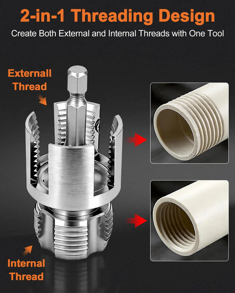 Heavy Duty 3PCS Carbon Steel Pipe Threading Tool Kit for 1/2 3/4 and 1 Inch PVC Pipes drill compatible 2-in-1 threading design