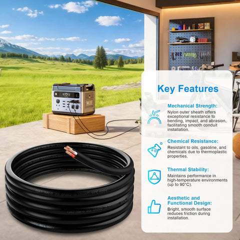 Straight Up 25 Foot 8 3 Nm B Electrical Wire With Ground Crafted From One Hundred Percent Pure Copper Pvc Shield For Indoor Jobs Hot Tubs Ev Chargers No Sweat Setup, coiled near a generator outdoors.