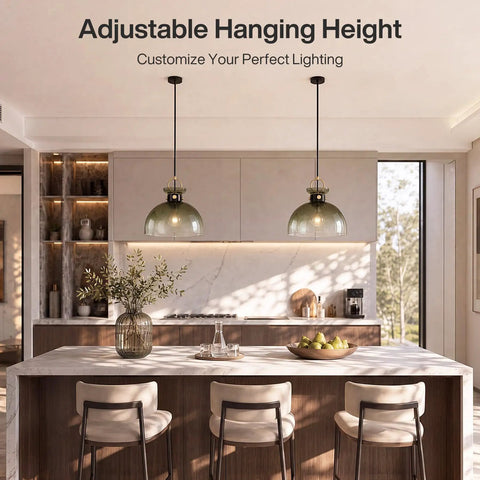 Tribesigns 11" Modern Pendant Lighting with Gradient Green Glass Shade above a kitchen island with adjustable height.