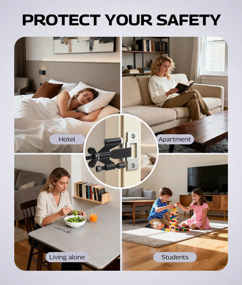 Two Pack Portable Adjustable Door Lock With Silicone Cap Protection For Travel Punch Free Installation Easy To Use Blocks Unauthorized Entry Ideal For Home Dorm College Hotels Apartments And More shown in various settings including hotel, apartment, and dorm.