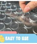 Close-up of fingers peeling off adhesive circles, labeled 'Easy to Use', unrelated to Pro Grade Double Sided Painter Tape 3 Pack 1 Inch By 60 Yards No Residue Multi Surface Masking For Walls Glass Wood Metal Cars Auto Refinish And Wall Art Renovation.