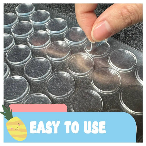 Close-up of a hand peeling clear adhesive pads labeled 'Easy to Use', showing functionality and application.