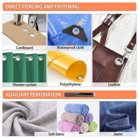 Image showing Heavy Duty Grommet Tool Kit With Eyelet Plier Handheld Puncher Set applications on cardboard, waterproof cloth, leather, and fabrics.