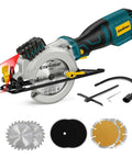 Enventor mini circular saw with laser guide, 4.5-inch blade, 5.8A; includes 6 blades and accessories