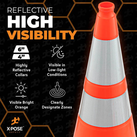 Orange 28 Inch Traffic Cones With 6 Inch And 4 Inch Collars Four Pack Heavy Duty Rugged PVC Safety Cones for visibility