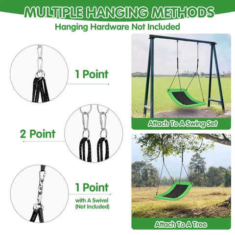Giant 60 Inch Platform Tree Swing for Kids and Adults Indoor Outdoor Large Swing with Oxford Fabric Adjustable Hanging Ropes Built to Last in Backyard Park or Playground showing multiple hanging methods.