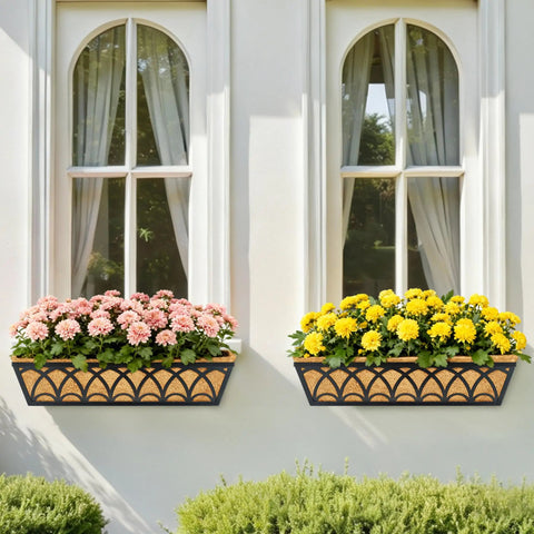 24 Inch Railing Planter Box Set With Adjustable Brackets And Coco Liners 2 Pack Balcony Deck Flower Boxes for Windows and Railings