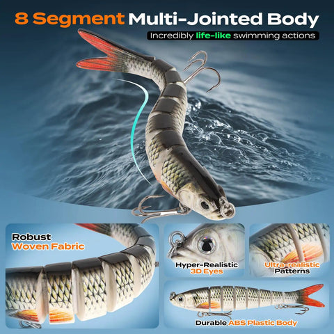 Close-up of a segmented fishing lure from the Massive 4-Layer Tackle Box Kit With 547-Piece Fishing Lures Set, showcasing 3D eyes and lifelike design.