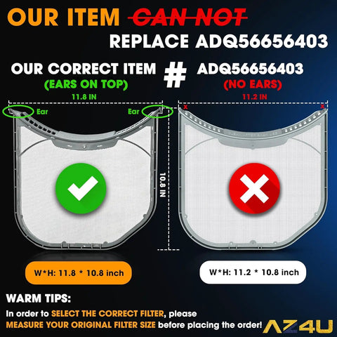 Comparison of Dryer Lint Filter Screen Replacement For LG And Kenmore Dryers with correct and incorrect dimensions highlighted.