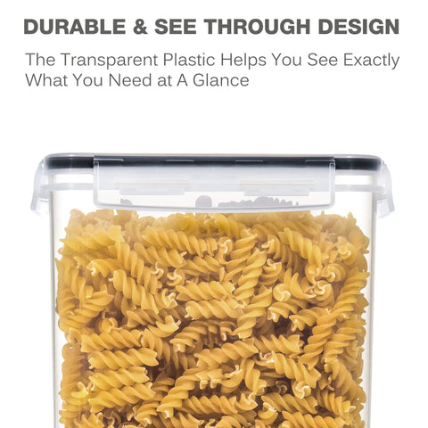 Close-up of Huge Airtight Food Storage Canisters With Lids 5.2L Each 3 Pack BPA Free Plastic Containers filled with pasta.