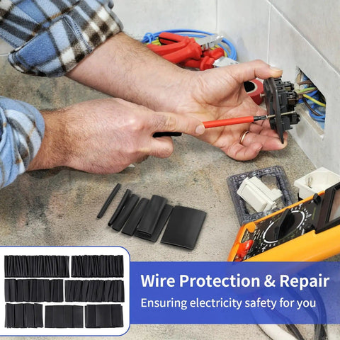 Person using Pro Grade Heat Shrink Tubing Kit With 7 Sizes And 420 Pcs, 3 To 1 Shrink Ratio, Waterproof Black Wire Wrap for electrical repair.