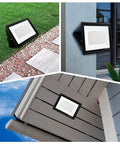JUDYSSY 200W Led Flood Light mounted at different angles on grass, wall, and under eaves, showing versatility and waterproof features.