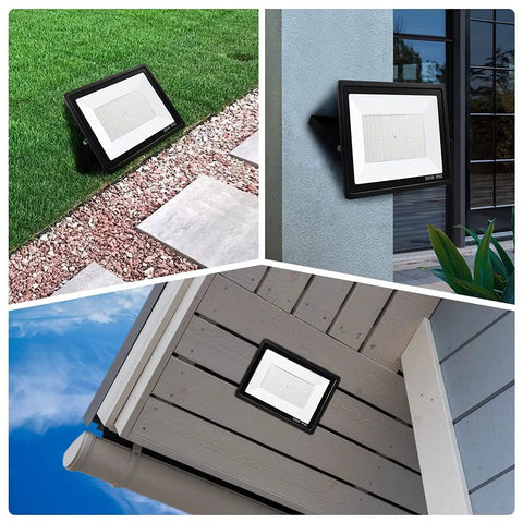 JUDYSSY 200W Led Flood Light mounted at different angles on grass, wall, and under eaves, showing versatility and waterproof features.
