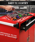 18 Piece Socket Organizer Set With Quarter Inch 96 Clips Three Eighths Inch 90 Clips And Half Inch 72 Clips For Tool Box Drawer Drive Socket Trays Color Coded For SAE And Metric Sockets Heavy Duty ABS Plastic displayed on red tool cart with open drawer