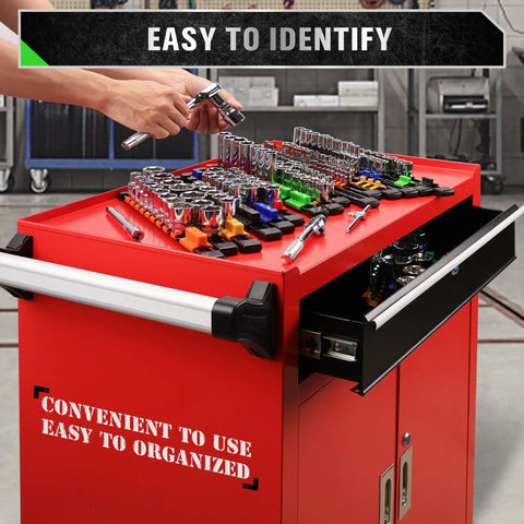 18 Piece Socket Organizer Set With Quarter Inch 96 Clips Three Eighths Inch 90 Clips And Half Inch 72 Clips For Tool Box Drawer Drive Socket Trays Color Coded For SAE And Metric Sockets Heavy Duty ABS Plastic displayed on red tool cart with open drawer