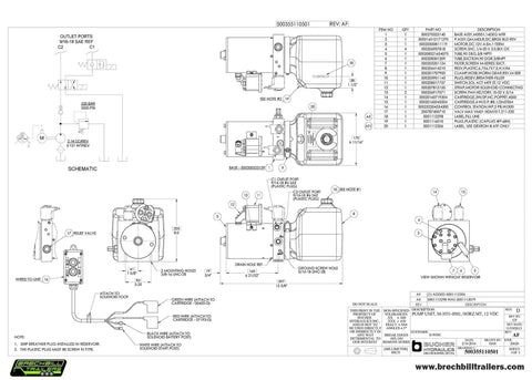 Blueprint diagram for Beefy Double Acting Hydraulic Pump Assembly With Power Up And Power Down, 3200 PSI Max, includes components layout