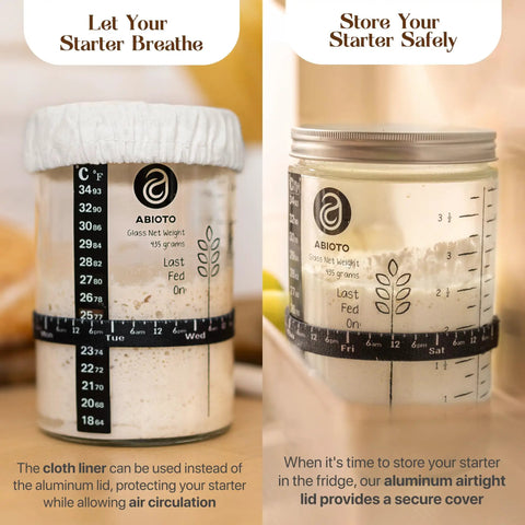 Go To Sourdough Starter Kit With 10 Inch Round And 11 Inch Oval Banneton Proofing Baskets And 34oz Starter Jar shown with cloth and aluminum lids