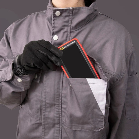 Person holding All In One True RMS Multimeter Tester With Color LCD Display 6000 Counts Auto Ranging Smart Pro Grade Meter in pocket.