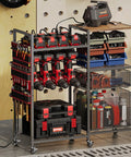 Heavy Duty Power Tool Organizer Cart With Charging Station On Wheels 8 Outlets And 8 Slots Cordless Drill Holder With Drawers