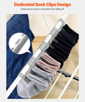 Dedicated sock clips design on Heavy Duty Two Tier Clothes Drying Rack With 31 Sturdy Rods And Sock Clips Foldable Metal Laundry Stand Adjustable Height For Indoors Or Yard No Sweat Dry Setup.