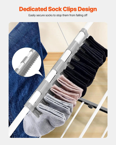 Dedicated sock clips design on Heavy Duty Two Tier Clothes Drying Rack With 31 Sturdy Rods And Sock Clips Foldable Metal Laundry Stand Adjustable Height For Indoors Or Yard No Sweat Dry Setup.