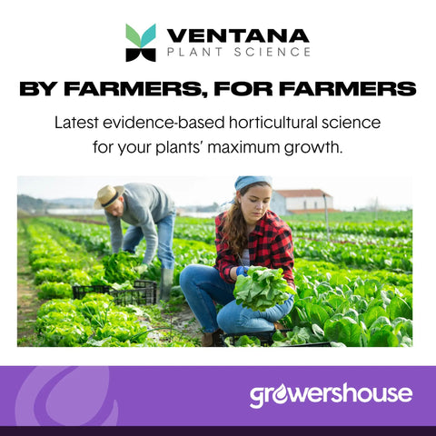 Two farmers harvesting leafy greens in a field, with Ventana Plant Science and Growershouse branding prominently displayed.
