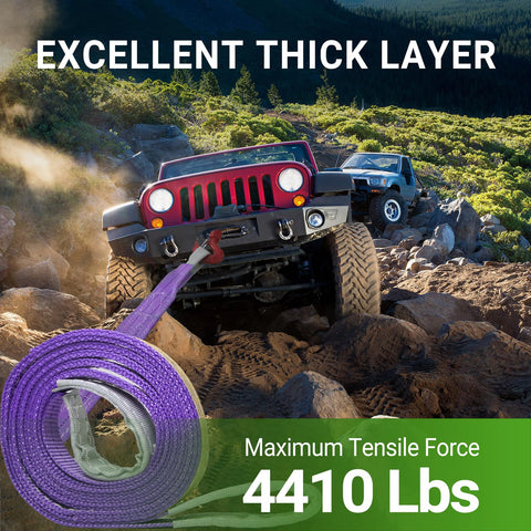 Off-road SUV using a purple lifting strap, 2-Pack Heavy Duty Lifting Straps 1.2 Inch By 8 Foot, 2200 Lbs Capacity Per Sling, Web Slings For Hoist