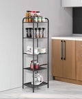 Rock Solid And Super Roomy Five Tier Extendable Metal Wire Storage Rack Heavy Duty Adjustable Height Shelf Plant Stand No Sweat Assembly For Home Or Garage Charcoal Gray in kitchen with jars and cookware.