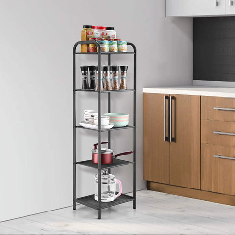Rock Solid And Super Roomy Five Tier Extendable Metal Wire Storage Rack Heavy Duty Adjustable Height Shelf Plant Stand No Sweat Assembly For Home Or Garage Charcoal Gray in kitchen with jars and cookware.
