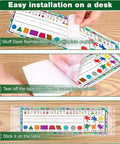 36 Piece Set Of Upgraded Clear Self Adhesive Nameplate Pockets 15.3 By 4.5 Inch Desk Name Tags installation steps shown on desk