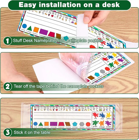 36 Piece Set Of Upgraded Clear Self Adhesive Nameplate Pockets 15.3 By 4.5 Inch Desk Name Tags installation steps shown on desk