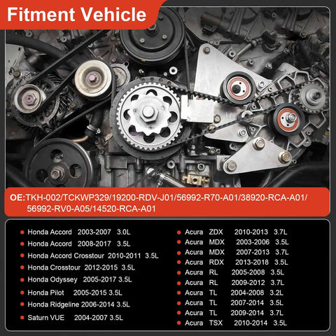 Diagram of Honda Complete Timing Belt Kit With Water Pump For 2003 To 2018 Accord Odyssey Pilot Crosstour Ridgeline ZDX MDX.