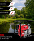 Heavy Duty 2 Inch High Pressure Water Pump For Yard Drainage With Straight Up Badass Performance Built To Crush Flooded Ground And Clean Garden Beds Fast Wh20xtaf Model in red and black housing, set near a lush yard and water.