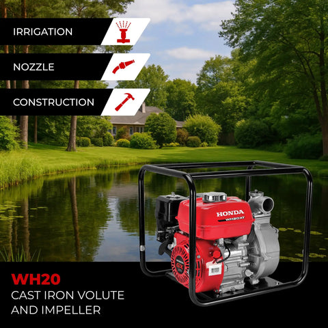 Heavy Duty 2 Inch High Pressure Water Pump For Yard Drainage With Straight Up Badass Performance Built To Crush Flooded Ground And Clean Garden Beds Fast Wh20xtaf Model in red and black housing, set near a lush yard and water.