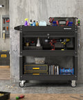 3 Tier Rolling Tool Cart With Lockable Drawer And Pegboard Hooks, Built Tough Heavy Duty Metal Utility Cart On Wheels For Garage, Workshop And Warehouse Organization, front view