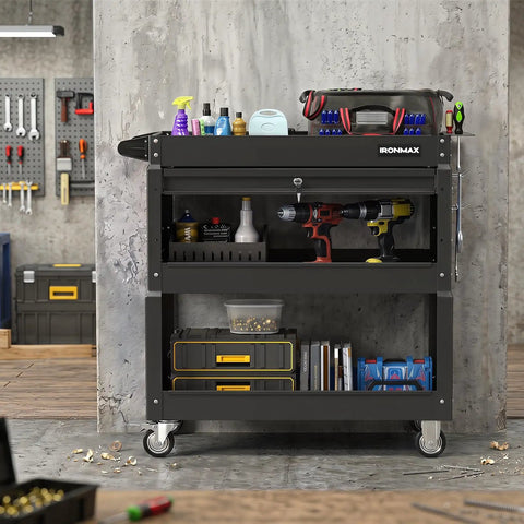 3 Tier Rolling Tool Cart With Lockable Drawer And Pegboard Hooks, Built Tough Heavy Duty Metal Utility Cart On Wheels For Garage, Workshop And Warehouse Organization, front view