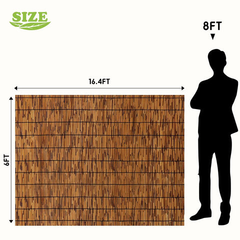 Natural Reed Fence Panel 6 Ft By Sixteen Point Four Ft Bamboo Privacy Screen shown with size comparison to person