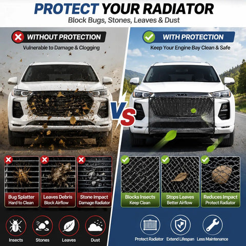 Comparison image showing Heavy Grade Front Grille Mesh Shield For Tesla Cybertruck 2024 2025 2026, highlighting protection against bugs and debris.