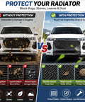 Tough As Nails Front Grille Mesh Shield For Tesla Cybertruck 2025 2026 Plus visual comparison of protection against bugs and debris.