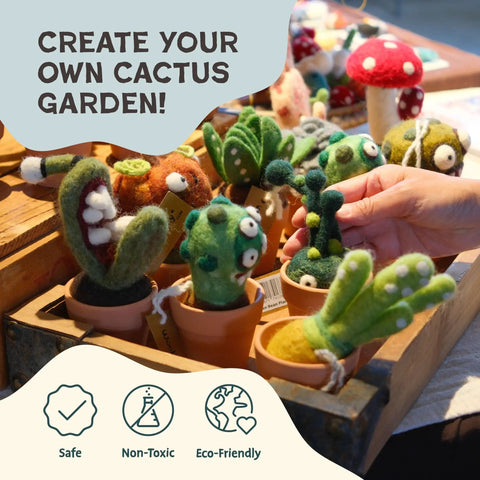 Needle Felting Kit For Cactus And Succulents displayed with felted cacti in clay pots, showcasing beginner-friendly contents.