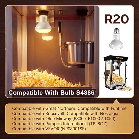4 Pack 50W 120V R20 Popcorn Machine Light Bulb Replacement Bulbs For Warmers Keeps Popcorn Hot, Fresh, And Crispy For Concession Stands And Home Popcorn Setups. R20 bulb in popcorn machine warmer