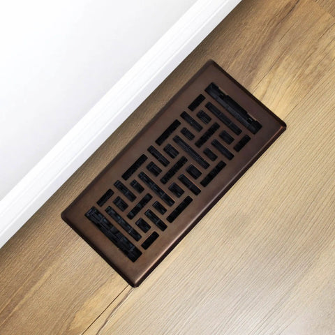 Slick Oriental Style Floor Register 4x10 Inches Rubbed Bronze Finish Decorative Steel Vent Grate With Damper Box in wood floor